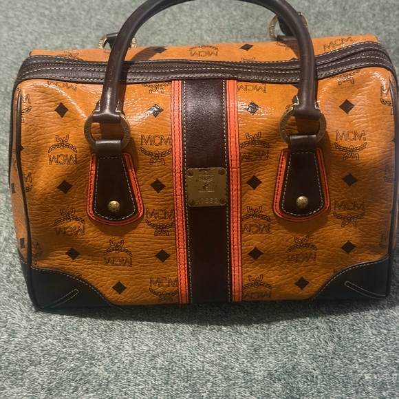MCM Cognac Visetos Satchel with Dark Brown Trim and Orange Stripe - Picture 2 of 9